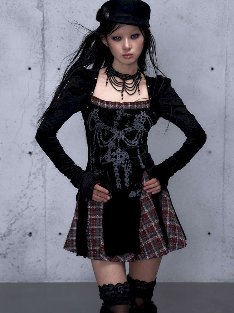 Vintage Baroque Velvet Check Dress【s0000014935】