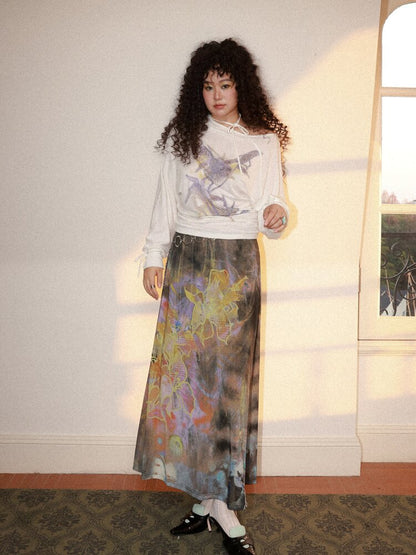 Mist Orchid Print Lace Up Top【s0000015457】