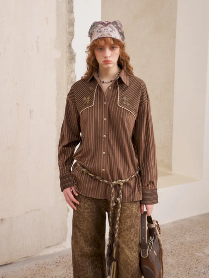 Velvet Beaded Contrast-Striped Vintage Shirt【s0000014079】