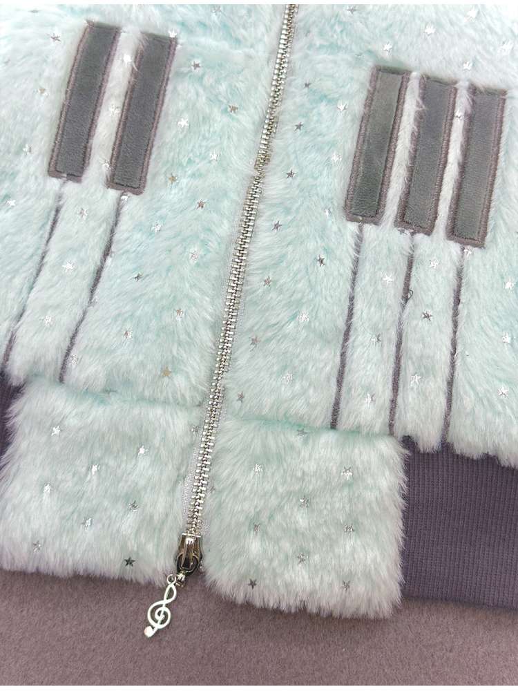 Mint Green Cotton Star Plush Hooded Jacket【s0000014693】