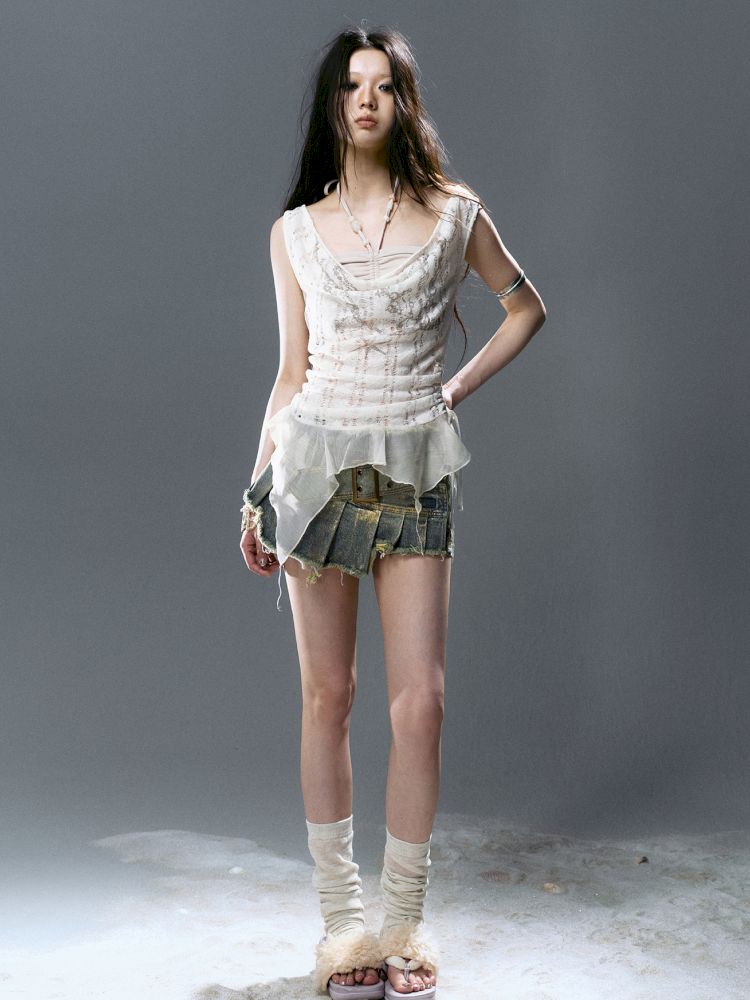 Denim pleated skirt pants【s0000012806】