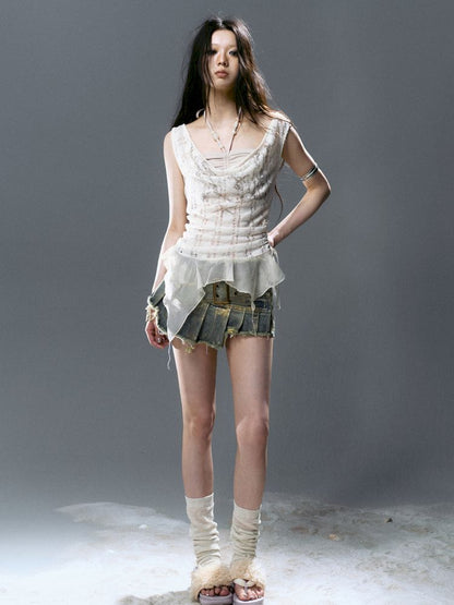 Denim pleated skirt pants【s0000012806】