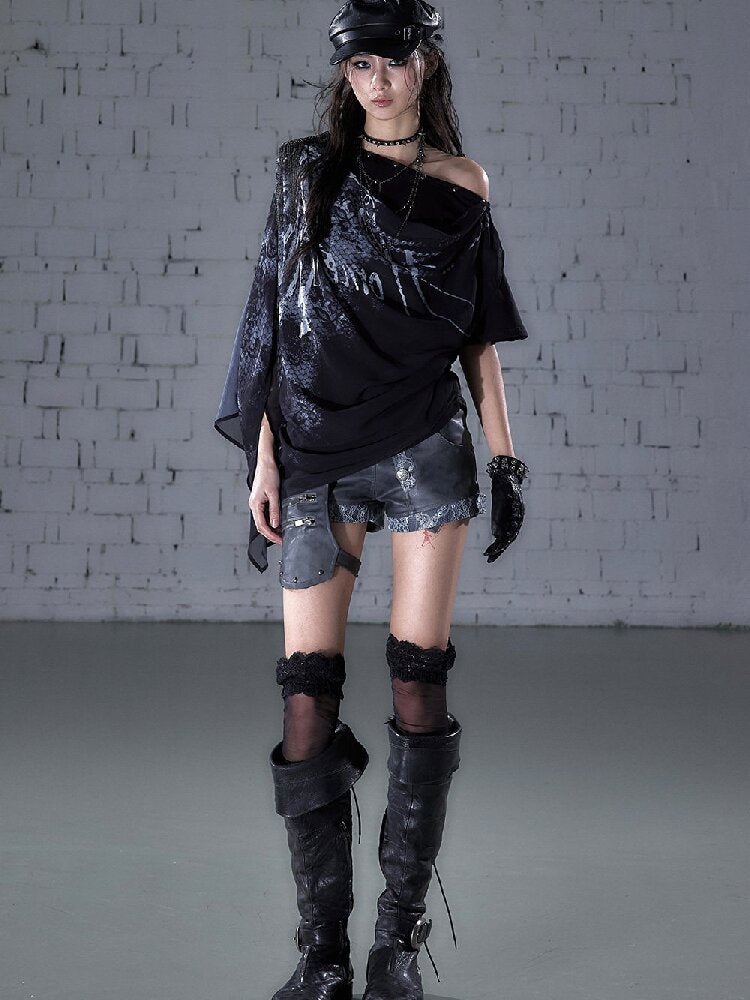 Print Chiffon Swing Collar T-Shirt【s0000016209】