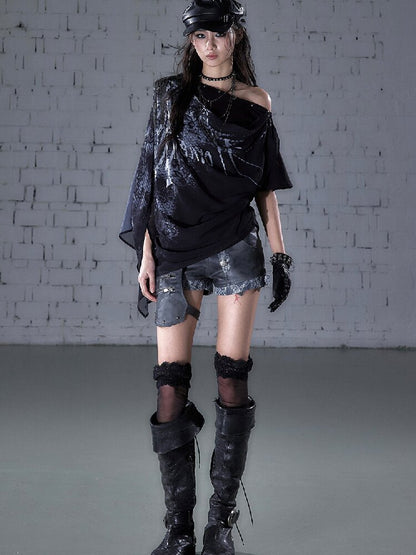 Print Chiffon Swing Collar T-Shirt【s0000016209】