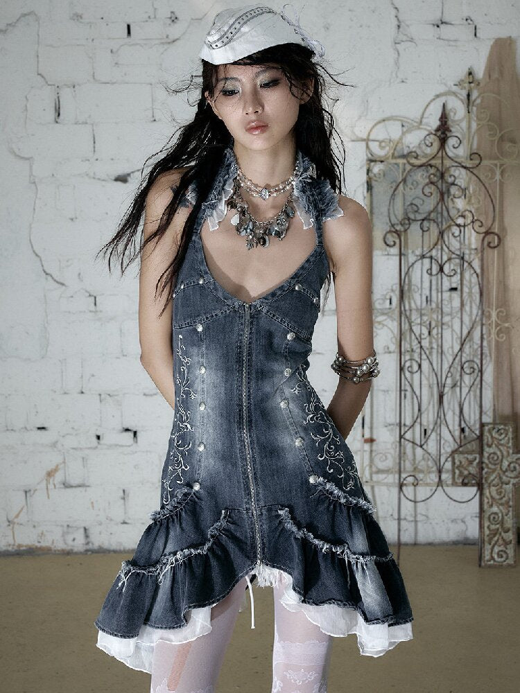 Court Embroidered Denim Mermaid Dress【s0000016983】