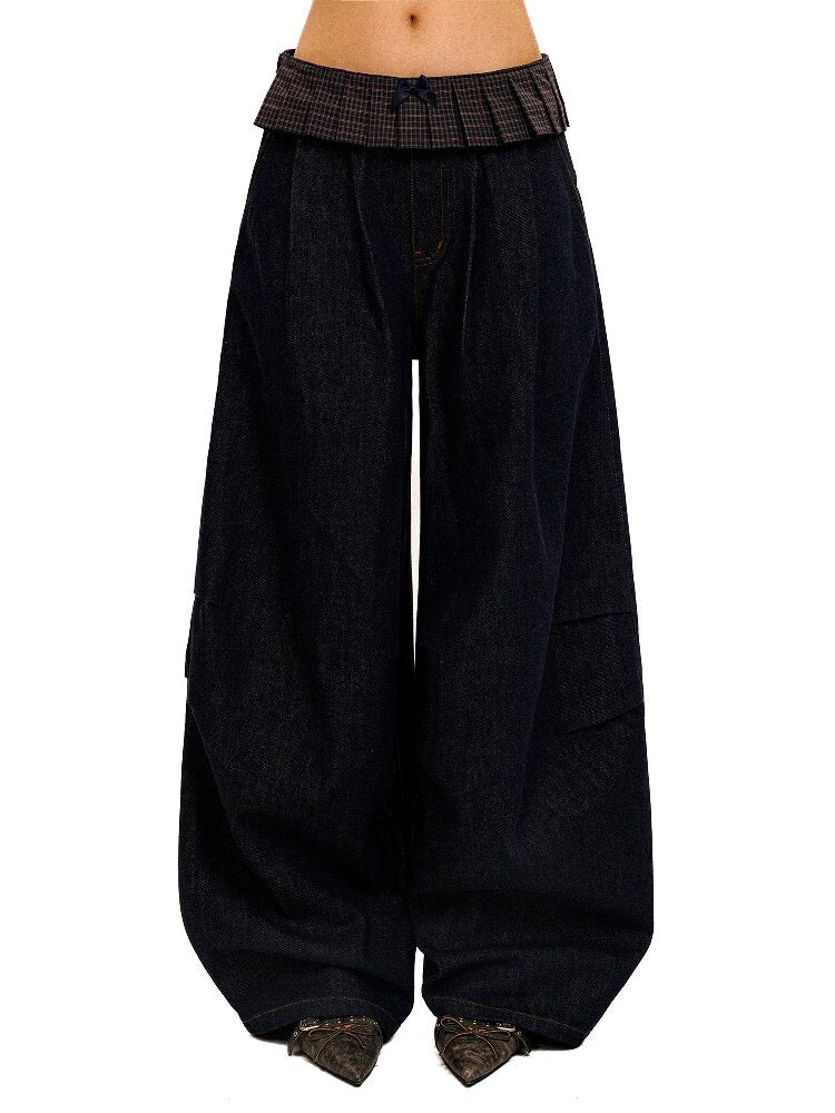 Pleated Plaid Straight Leg Jeans【s0000017912】