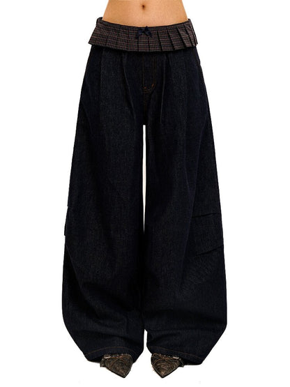 Pleated Plaid Straight Leg Jeans【s0000017912】