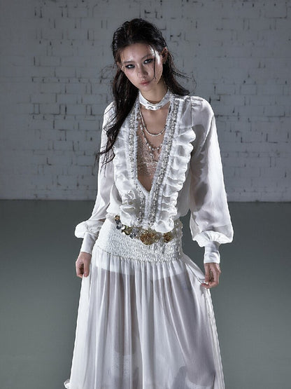 Shirring Deep V Chiffon Dress【s0000015932】