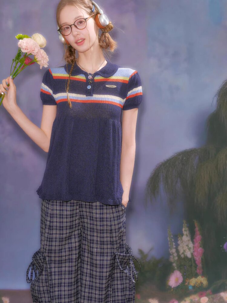 Doll Collar Knitted Slim T-Shirt【s0000016609】