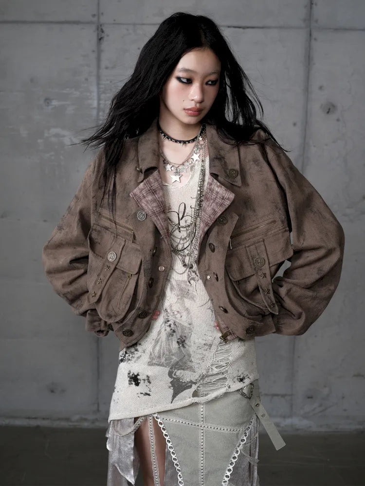 Plaid functional distressed dirty jacket【s0000014114】