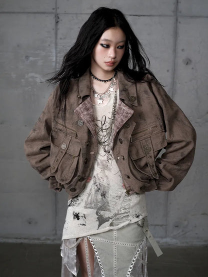 Plaid functional distressed dirty jacket【s0000014114】