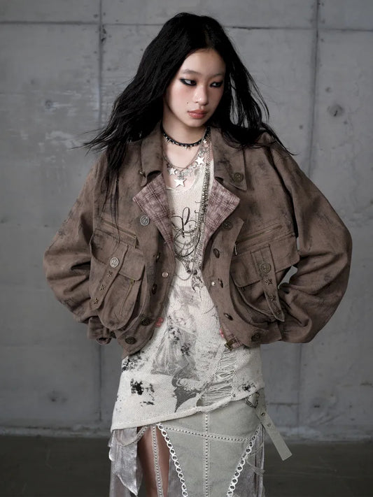 Plaid functional distressed dirty jacket【s0000014114】