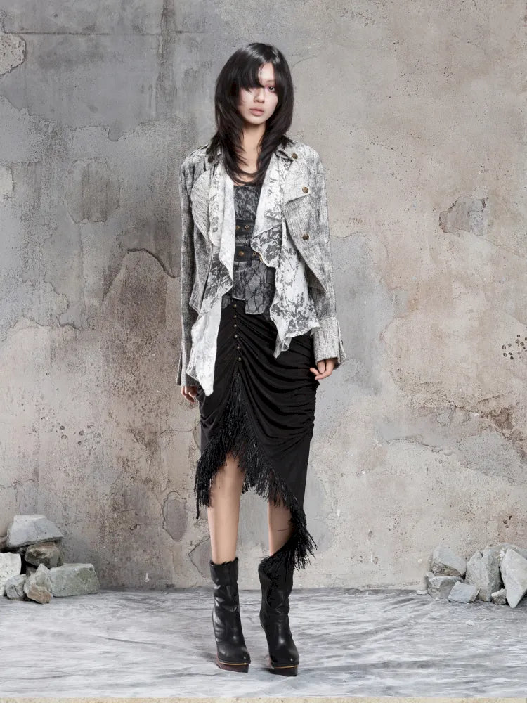 Asymmetric Knit Patchwork Drawstring Skirt【s0000014125】