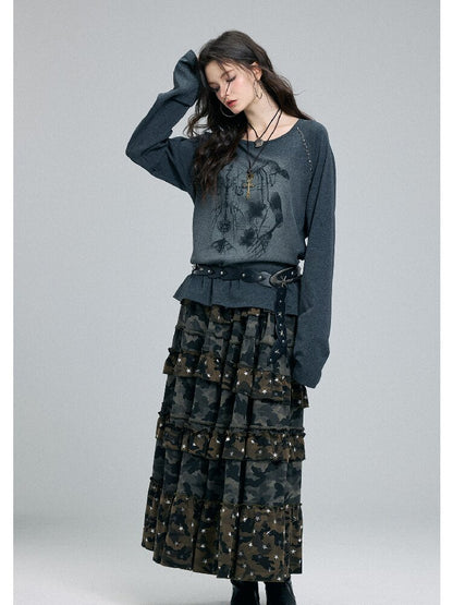 Washed Printed Rivet Knitted Top【s0000016261】