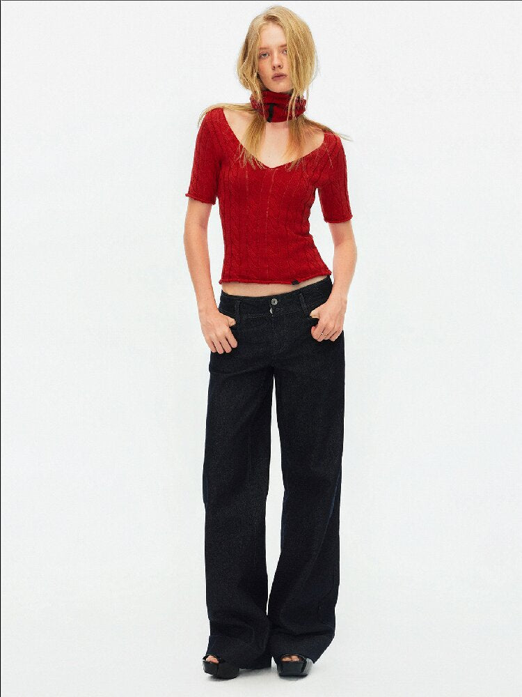 Cut Out Cable V-Neck Knit Top【s0000015928】