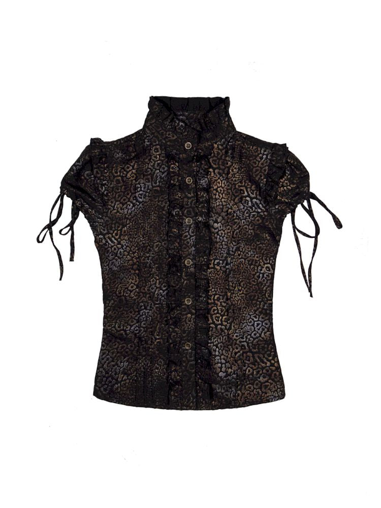 Slim Standing Collar Leopard Shirt Blouse [S0000009476]