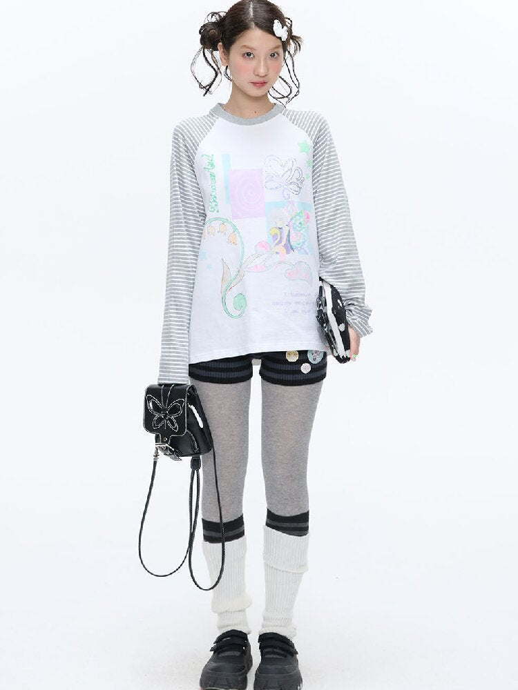 Loose Print Striped Raglan Top【s0000016378】