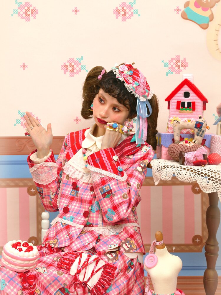 Red Pink Check Lace Skirt Blazer【s0000015574】