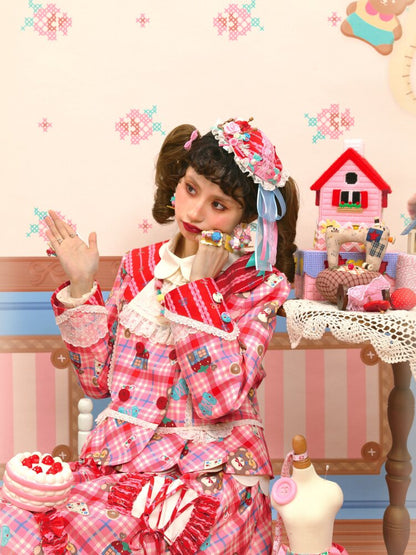 Red Pink Check Lace Skirt Blazer【s0000015574】