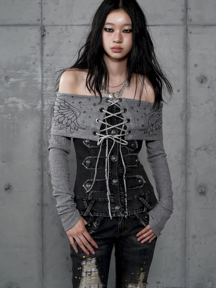 Rhinestone Off-Shoulder Long-Sleeve T-Shirt【s0000014118】