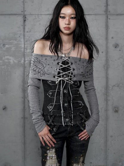 Rhinestone Off-Shoulder Long-Sleeve T-Shirt【s0000014118】