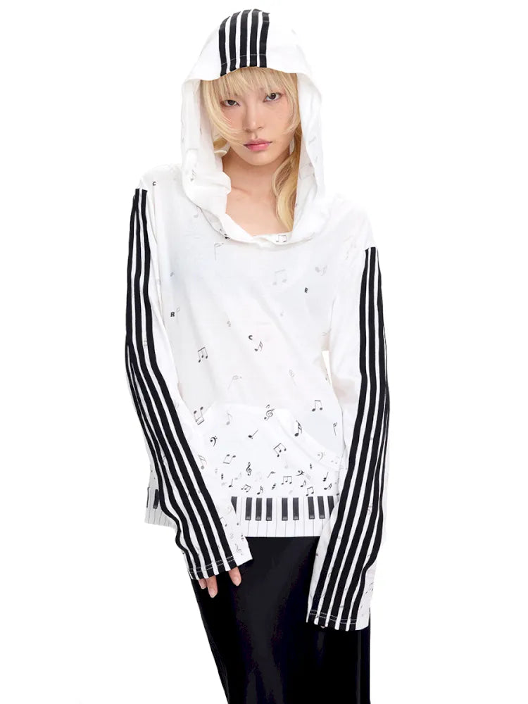 Piano Note Print Pullover Long-Sleeve Sweatshirt【s0000014100】