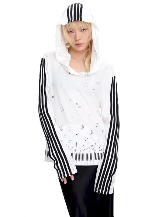 Piano Note Print Pullover Long-Sleeve Sweatshirt【s0000014100】