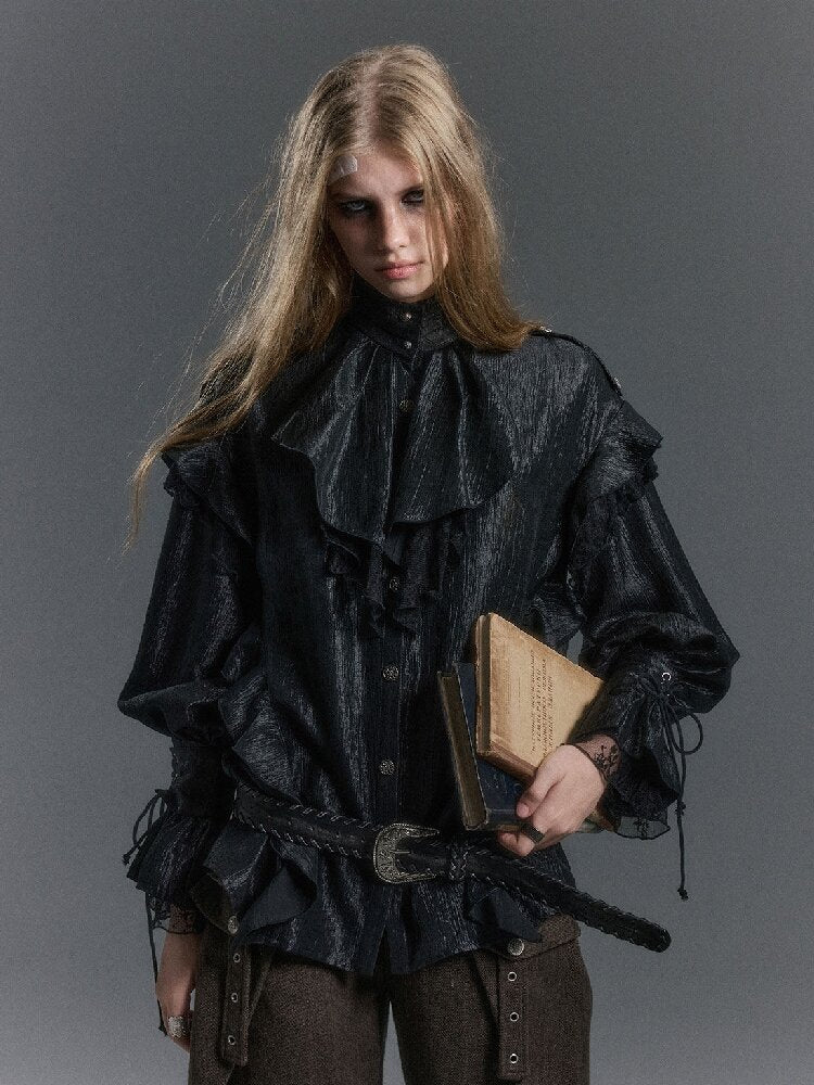 Patchwork Pearlescent Ruffled Stand Collar Shirt【s0000019242】