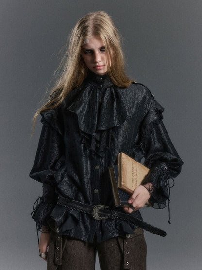 Patchwork Pearlescent Ruffled Stand Collar Shirt【s0000019242】