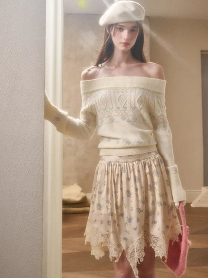 Fresh and Soft Cotton Sweater, Scarf, Floral Skirt【s0000014323】