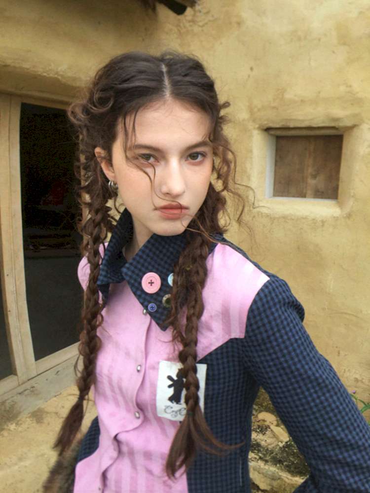 Pink Blue Plaid Multi-Button Shirt【s0000014897】