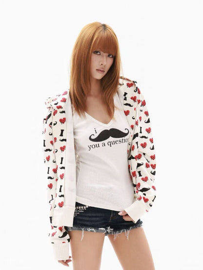 Heart Print Wide Zip Hoodie Jacket【s0000018354】