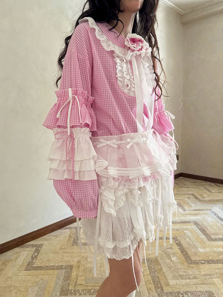 Pink checkered lace trim long-sleeved shirt【s0000012761】
