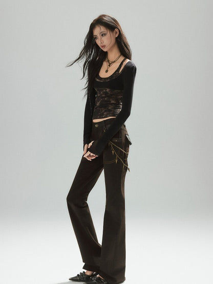 Coffee Low-Rise Leather Slacks【s0000015606】