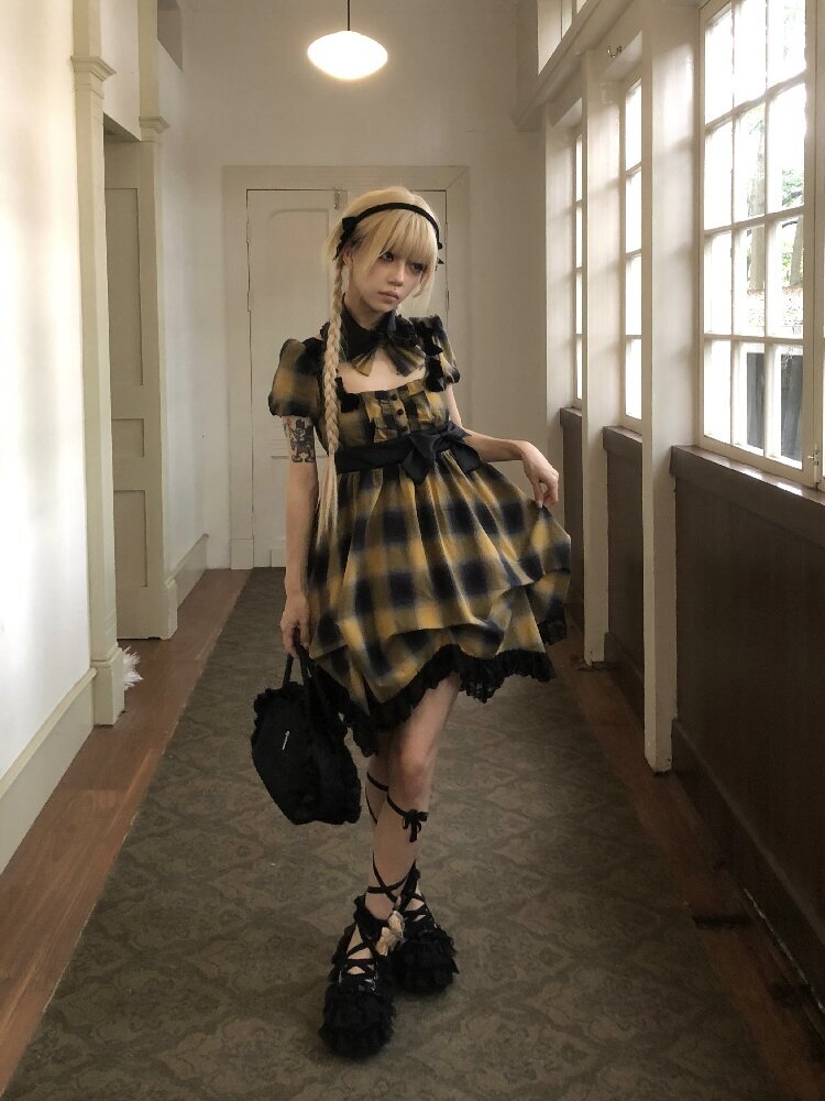 Plaid Puff Sleeve Lantern Dress【s0000016892】