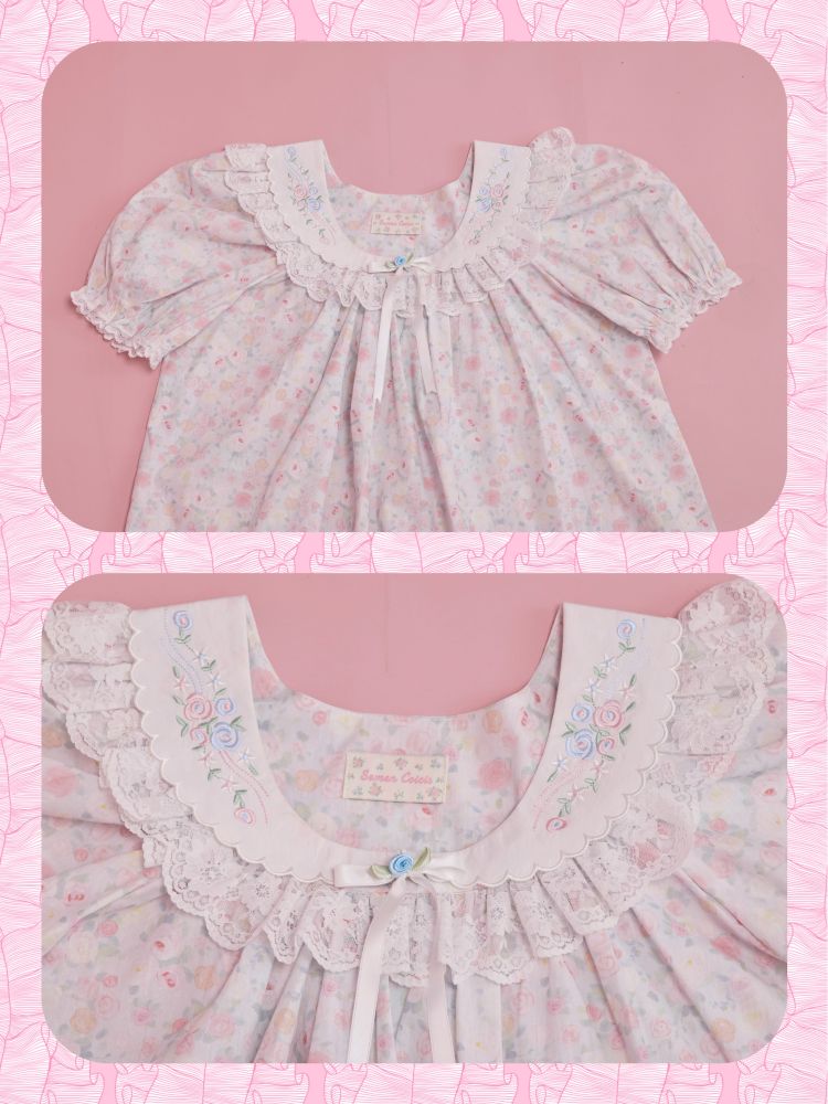 Rose pattern puff sleeve top【s0000012851】