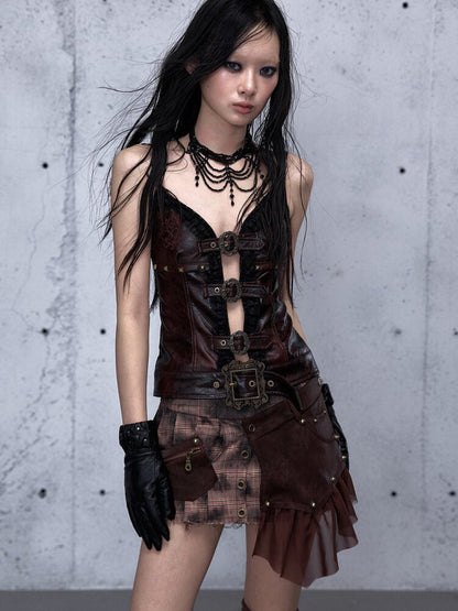 Plaid Stitching Leather Skirt【s0000015546】