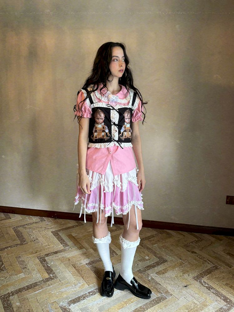 Cute doll print lace bow vest【s0000012760】