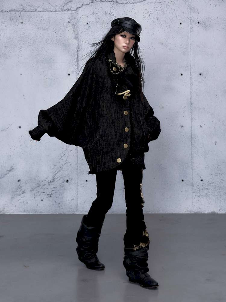 Punk Plaid Denim Bat Woolen Coat【s0000014929】