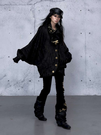 Punk Plaid Denim Bat Woolen Coat【s0000014929】