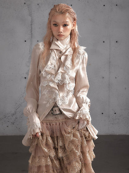 Ruffled Lace Satin Silk Shirt【s0000019157】