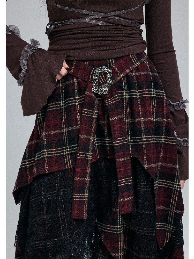 Damaged Plaid Lace Irregular Skirt【s0000016263】