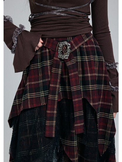 Damaged Plaid Lace Irregular Skirt【s0000016263】