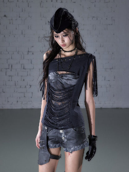 Patchwork Lace Fringe Slim T-Shirt【s0000016205】