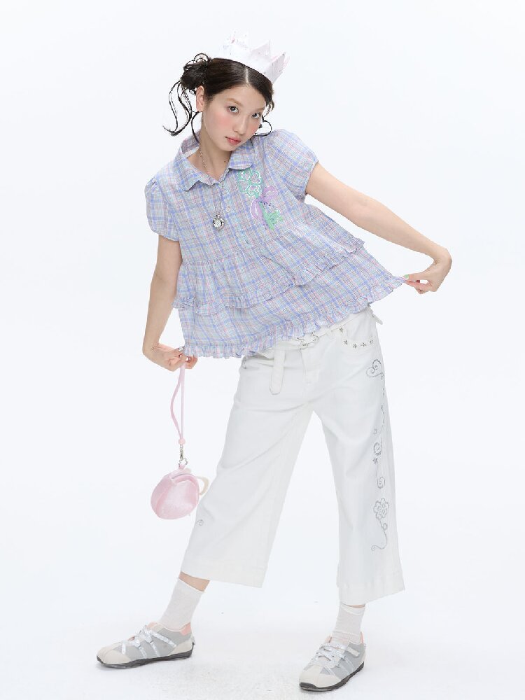 Purple Plaid Lace Short Sleeve Shirt【s0000016405】