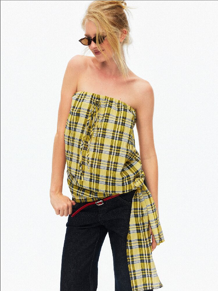 Striped Plaid Lace Up Bandeau Top【s0000015924】