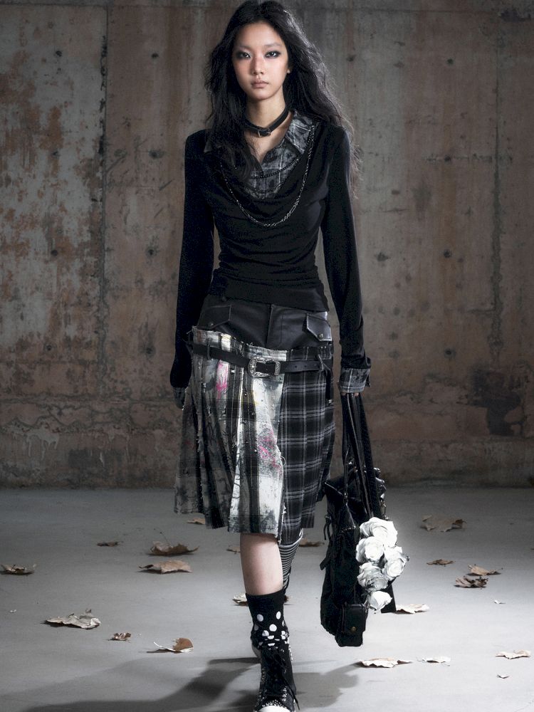 Plaid Tie-Dye Black Swing Neck Long Sleeve Blouse【s0000013887】