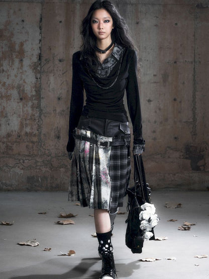 Plaid Tie-Dye Black Swing Neck Long Sleeve Blouse【s0000013887】