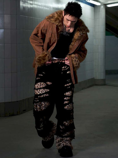 Leopard Print Paneled Denim Jacket【s0000014640】