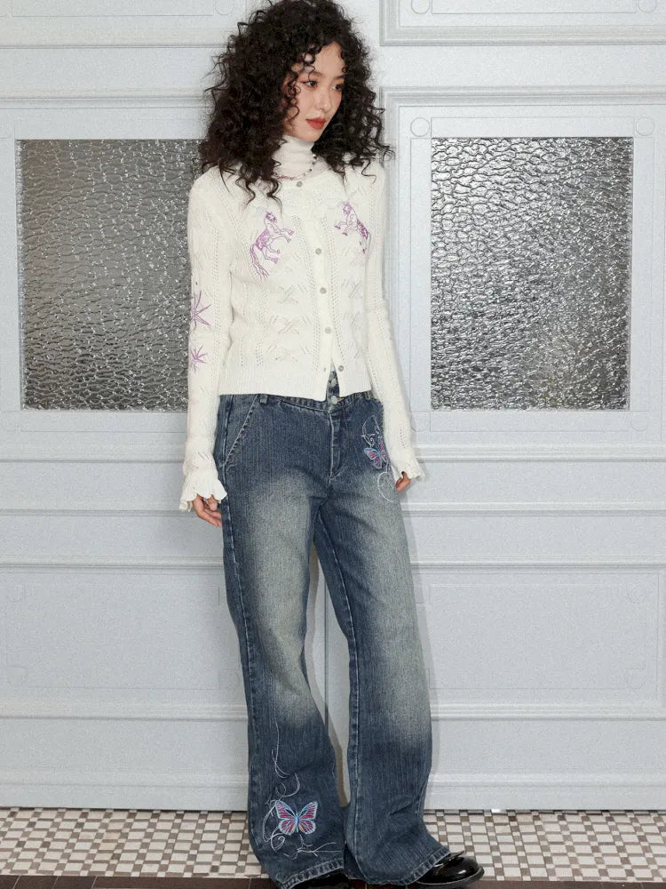 Butterfly Embroidered Slightly Flared Jeans【s0000013987】